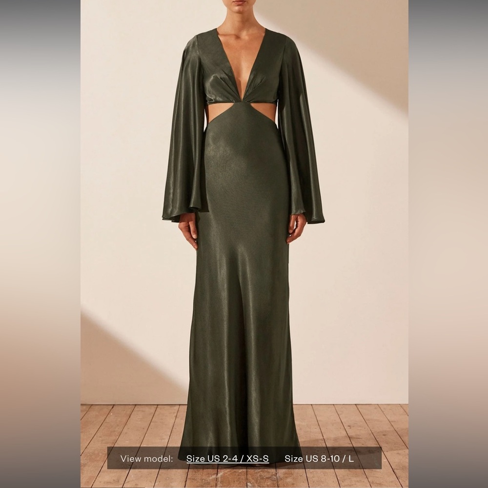 NWT Shona Joy - La Lune Flared Sleeve Open Back Maxi Dress - Forest